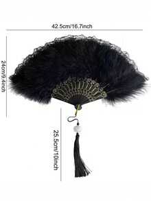 Chinese Traditional Style Feather Fan Cheongsam Female Fashion Show Folding Fan Hanfu Black Lace Fan Dance Fan Retro Chinese Fan, Classical Lolita Lace Fan Cheongsam Fashion Show Photo Folding Fan Dark Style Lace Fan Photo Props - Multicolor - View 2