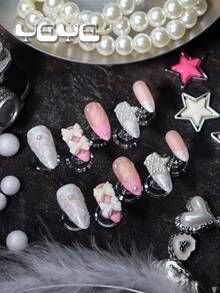 Upgrade Your Look With 10pcs Fake Nails Press On Almond French Tip,Pink,Nude Pink As The Base Color,Pearl White,3d Three-Dimensional Decoration Element,Bowknot,Pearl Star,Rhinestone Decor,Japanese Style Full Coverage Fake Nails Acrylic Medium Length Set,Sweet Heart Nail Supplies For Women And Girls &1pc Mini Nail File & 1 Sheet Adhesive Tabs,Boho Nail Art For Festivals, Daily, Work, Parties, Gatherings And Other Places - Pink - View 4