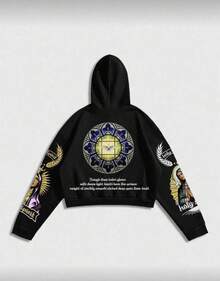 Vintage-Inspired Dark Academia Hooded Sweatshirt With Guadalupe Virgin Mary Print | Loose-Fit Washed Hoodie For A Streetwear Look | Religious Graphic Pullover For Effortless Style - Black - View 2