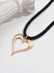 1 pieza Collar con colgante en forma de corazón hueco con cadena de cuerda gruesa negra de diseño exagerado, con vibra elegante adecuado para el estilo callejero europeo y americano y eventos formales - Oro y negro - Ver 3