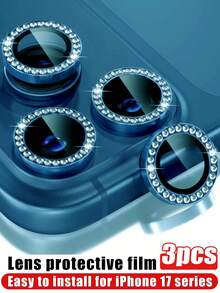 Blue Alloy 3pcs Diamond Camera Lens Protector Fit For IPhone 17 Pro/17 Pro Max Camera Lens Protector Shiny Design Fit For 17/16 Pro Max/15 Pro Max/14 Pro Max/13 Pro Max/12 Pro Max/12 Pro/11 Pro Max 9H Tempered Glass Camera Lens Cover With Metal Decorative Ring Accessory Diamond Blue Spring Gift Birthday Party - Navy Blue - View 25