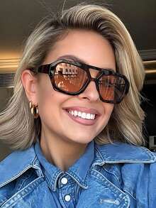 1副女士豹纹多边形PC镜框复古双梁时尚休闲眼镜 - 彩色 - 查看 4