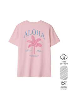 女士宽松 ALOHA 棕榈印花 T 恤，100% 水洗棉面料，透气休闲，适合海滩、派对和夏季露营度假，粉色 - 粉色 - 查看 2