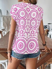 Áo kiểu nữ thoải mái, in họa tiết nút tre, cổ chữ V, thích hợp cho kỳ nghỉ hè. - Màu Hồng Tươi - Xem 2