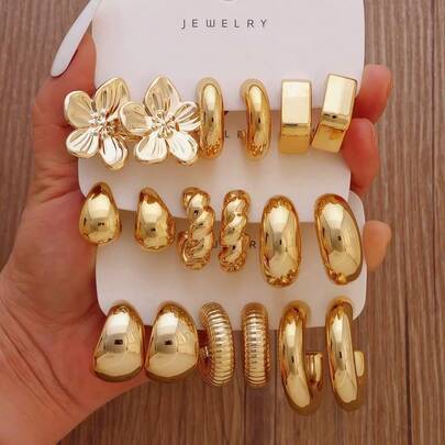 6-18件套时尚金属C形花朵不对称派对节日耳环套装，适合女性日常、节日、派对佩戴，轻盈CCB材质，女士时尚耳环套装