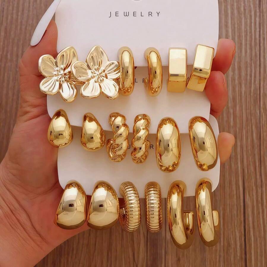 6-18件套时尚金属C形花朵不对称派对节日耳环套装，适合女性日常、节日、派对佩戴，轻盈CCB材质，女士时尚耳环套装 - 彩色 - 查看 1