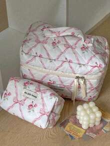 3pcs Pink Quilted Bow & Rose Pattern Cosmetic Bag Set, Fashion Portable Makeup Pouch - Multi-Functional Storage Bag, Large Capacity Cute Toiletry Bag, Lightweight Zipper Makeup Organizer, Sweet Style Cosmetic Container, Printed Toiletry Bag Suitable For Lipstick, Brushes, Skincare, Phone, Coins, Small Items, Mother's Day Gift - View 4