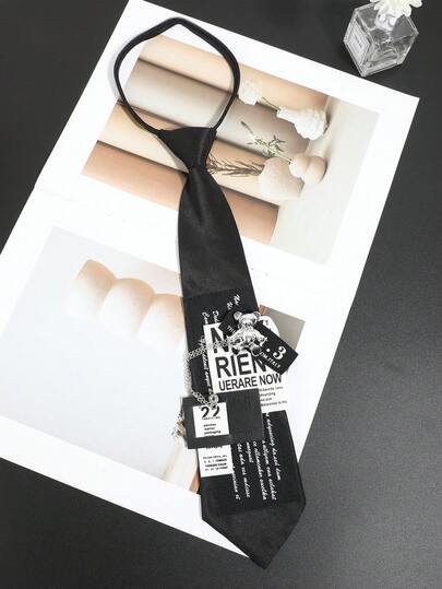 1件女士时尚百搭朋克风优雅字母熊装饰黑色领带，适合宴会、派对、日常搭配衬衫、西装