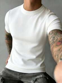 GRDR 男士条纹圆领针织短袖T恤 - 时尚百搭休闲简约T恤 - 白色 - 查看 2