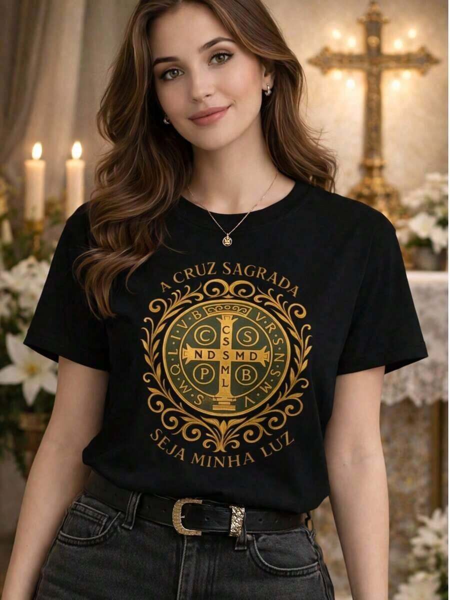 Catholic Gospel Printed T-Shirt With The Holy Cross - Casual, Comfortable, Gift, Religious Style - Comfortable Blouse - 100% Cotton - 黑色 - 查看 1