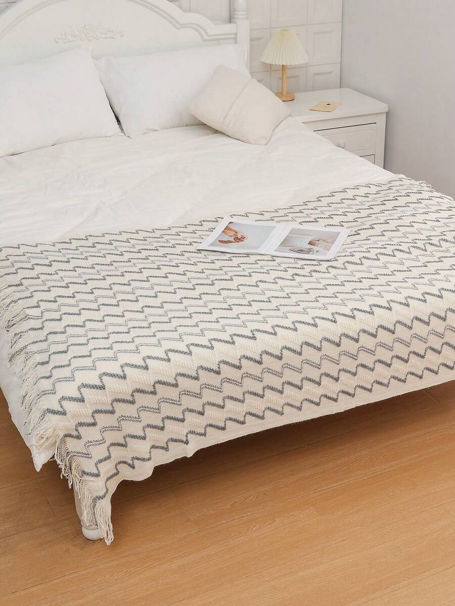 Tasseled Knit Throw Blanket - Soft, Lightweight And Cozy For Sofa, Bed And Travel Use - Farmhouse Style Beige And Cream - AB Yarn Beige - View 1