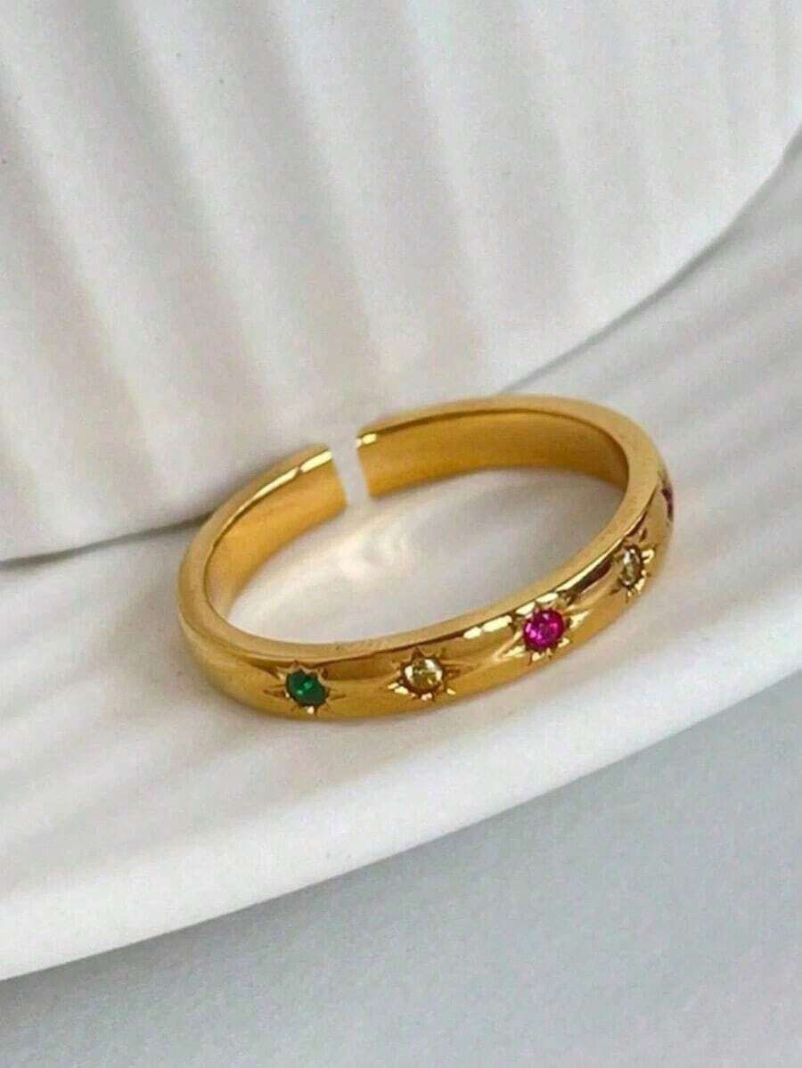 2pcs Minimalist Elegant Metal Plain Rings With & Moon Colorful Cubic Zirconia, Valentine's Day Couples Accessories, Everyday Wear - Vàng - Xem 1
