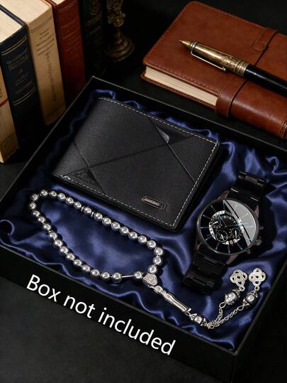 3 PIEZAS Juego de relojes de lujo para hombres de negocios en negro y azul, parte de una colección de accesorios de relojes para hombres, que incluye un reloj de cuarzo multifuncional, una billetera con patrón de diamante de imitación y cuentas de oración. El esquema de color negro y plateado es tranquilo y grandioso, reflejando por completo un aura de élite. Como un práctico juego de relojes de alta gama, es adecuado para el trabajo, las negociaciones de negocios, los regalos festivos, las salidas diarias y otros escenarios.