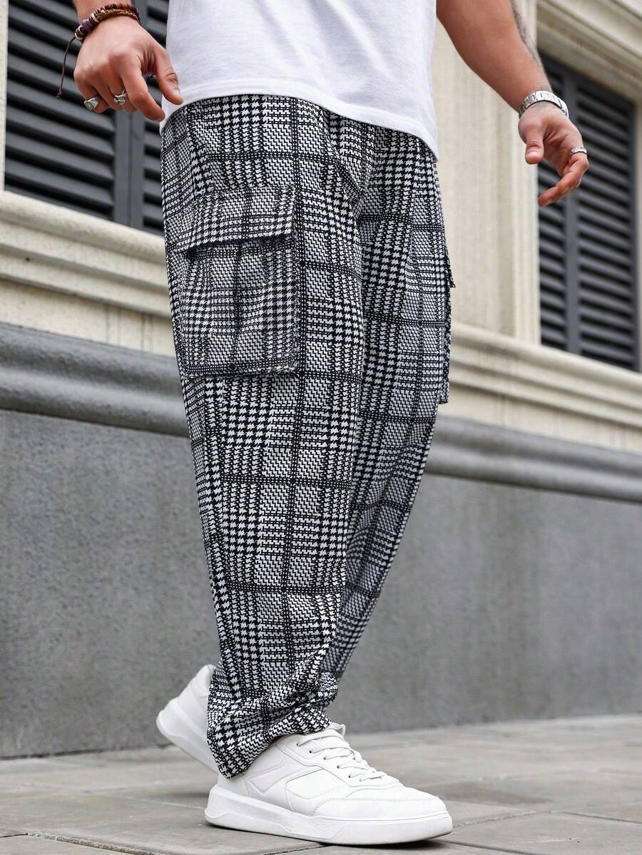 1 st mäns lösa grafiska tryck dragsko Raka ben Casual byxor - Svart och Vitt - Visa 1
