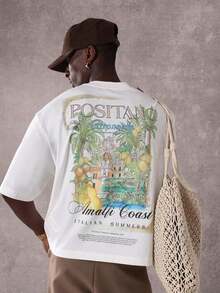 SUMWON Summer Club Positano Amalfi Italian Inspired Graphic Tee Vacation Resort Beach Travel Casual Oversized Cotton-Shirt Summer Holiday Leisure WearMinimalist Style  Sweatshirt - 黃色 - 查看 8