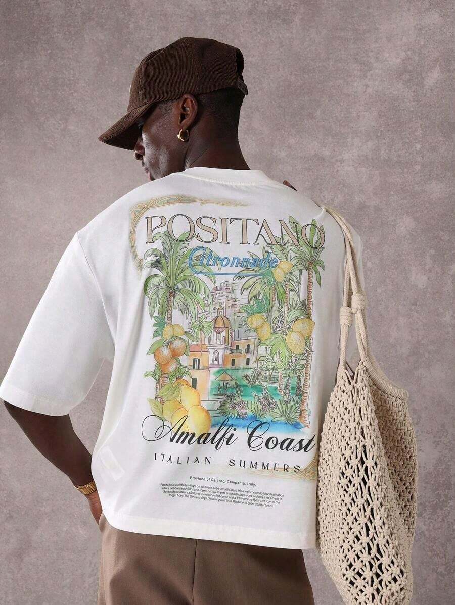 SUMWON Summer Club Positano Amalfi Italian Inspired Graphic Tee Vacation Resort Beach Travel Casual Oversized Cotton-Shirt Summer Holiday Leisure WearMinimalist Style Sweatshirt - 白色 - 查看 1