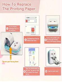 1 Printer + 13 Rolls Of Paper Set, Mini Pocket Photo Printer, Portable Inkless Thermal Printer, 57mm: With Adhesive Paper, Wireless Bluetooth Printing 200dpi, Pink - Pink - View 9