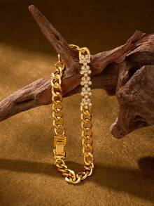 1 Piece Fashion Classic Shiny Plated 18k Gold Five Flower-Patterned Zirconia Inlaid Bracelets, Suitable For Women's Daily Wear , Excluding Box - Five Flower Bracelet - View 4