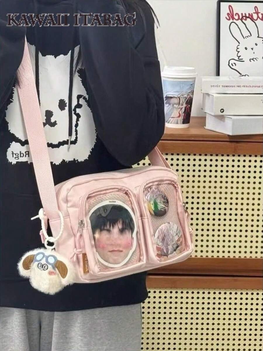 可爱小号斜挎包 女款 双透明口袋 女孩款 带徽章展示牌 迷你单肩包 钱包 手提包 痛包 夏季包 - 粉色 - 查看 1