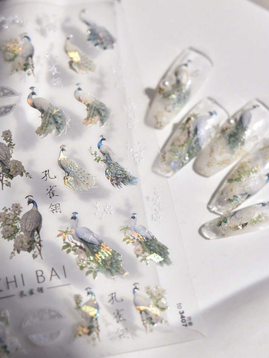 1 Green And White Peacock Flower Shell Polarized 5D Relief Self-Adhesive Nail Sticker Chinese 3D Nail Sticker DIY Nail Sticker - Multicolor - View 1