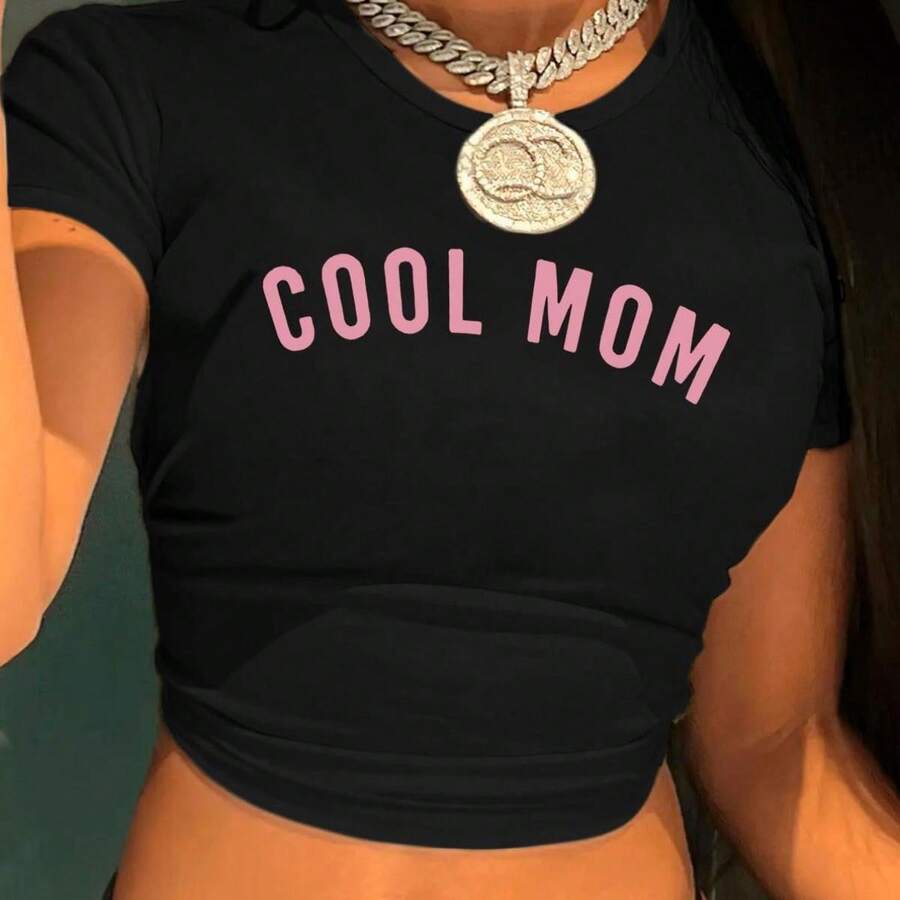 Top Corto De Manga Corta Con Estampado 'COOL MOM' Y2K Para Mujer - Camiseta Ajustada En Gris Claro Con Letras Rosas 'COOL MOM' Camiseta Casual Y Moderna Para La Calle Corte Corto Lavable A Máquina (Tallas XS-XL) - Black - View 1