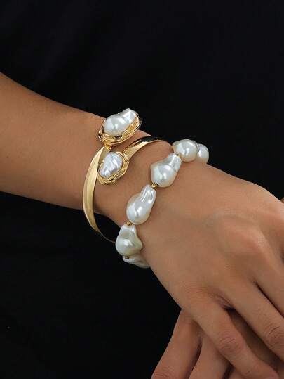 2 piezas Conjunto de pulseras con decoración de perlas falsas de moda, adecuado para fiestas, reuniones y uso diario de mujeres, regalo versátil