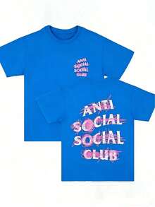 Double-Sided Printed, Anti Social Club Printed T-Shirt, Suitable For Daily Wear, Casual Summer Wear, Slightly Elastic, Breathable, Outdoor Holiday Sports, Gift T-Shirt, Holiday Gift, Perfect Gift. Loose-Fit T-Shirt, Unisex, Casual & Everyday Style, Versatile For Spring, Summer & Autumn,Summer Outfits,Camisas,Camisas Para Mujer,Playeras,Playeras De Mujer,Vintage,Easter Outfit Women,Mother's Day - 藍色 - 查看 6