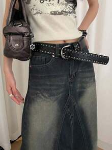1pc Women's Black Faux Leather Punk Style Double Rivet Decor Belt, Versatile Waist Strap GV1F - 黑色 - 查看 5