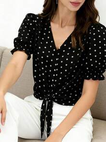 Women's Polyester Short Sleeve Collared Button-Up Striped Shirt/Blouse, Regular Fit - Black - View 3