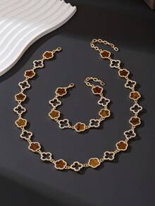 1 Set de Joyería de Collar y Pulsera con Trébol de Cuatro Hojas y Trébol de Cinco Hojas de Lujo con Diamantes Hueco para Hombres - Marrón - Ver 4