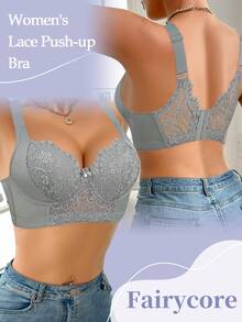Grey Sexy Lace Supportive Wireless Bra, Comfortable Lift-Up Bra For Women - Grey - View 4