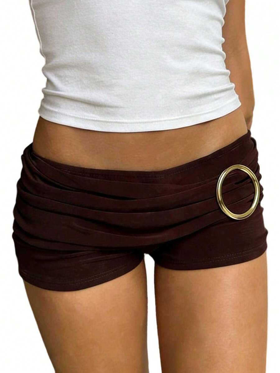 Women's Y2k Ruched Mini Shorts Elastic Waist Low Rise Ruched Design Round Ring Decor Micro Shorts - 咖啡色 - 查看 1