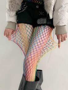 1/2 paires de collants résille arc-en-ciel, collants sexy ajourés, bas à la mode pour femmes pour soirée, rendez-vous, performance, enterrement de vie de jeune fille, toutes saisons - Multicolore - Voir 4