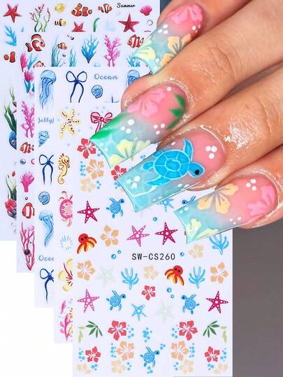 5款夏季兰花美甲贴纸，包含海星、海龟、水母、海洋生物、芙蓉花、珊瑚图案等自粘美甲贴纸，DIY美甲产品，美甲装饰