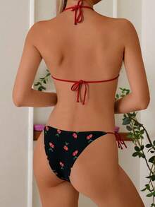 Cherry Print Bikini Set With Red Tie Straps, Casual/Holiday Vacation Beach Black - Black - View 9
