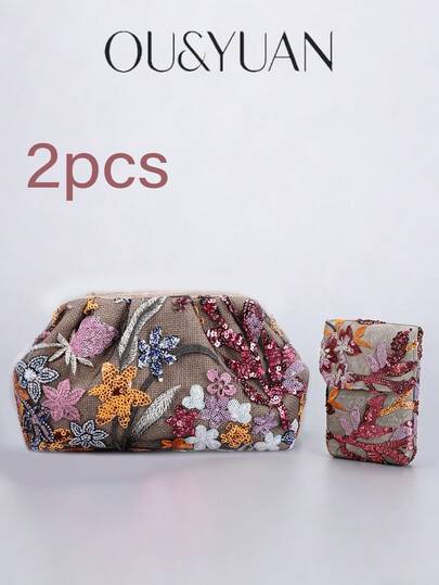 2 件套亮片随机印花褶皱手拿包 + 手机袋，优雅复古波西米亚风格，女士便携式晚宴包，适合度假、旅行、休闲、宴会、派对、母亲节、情人节礼物