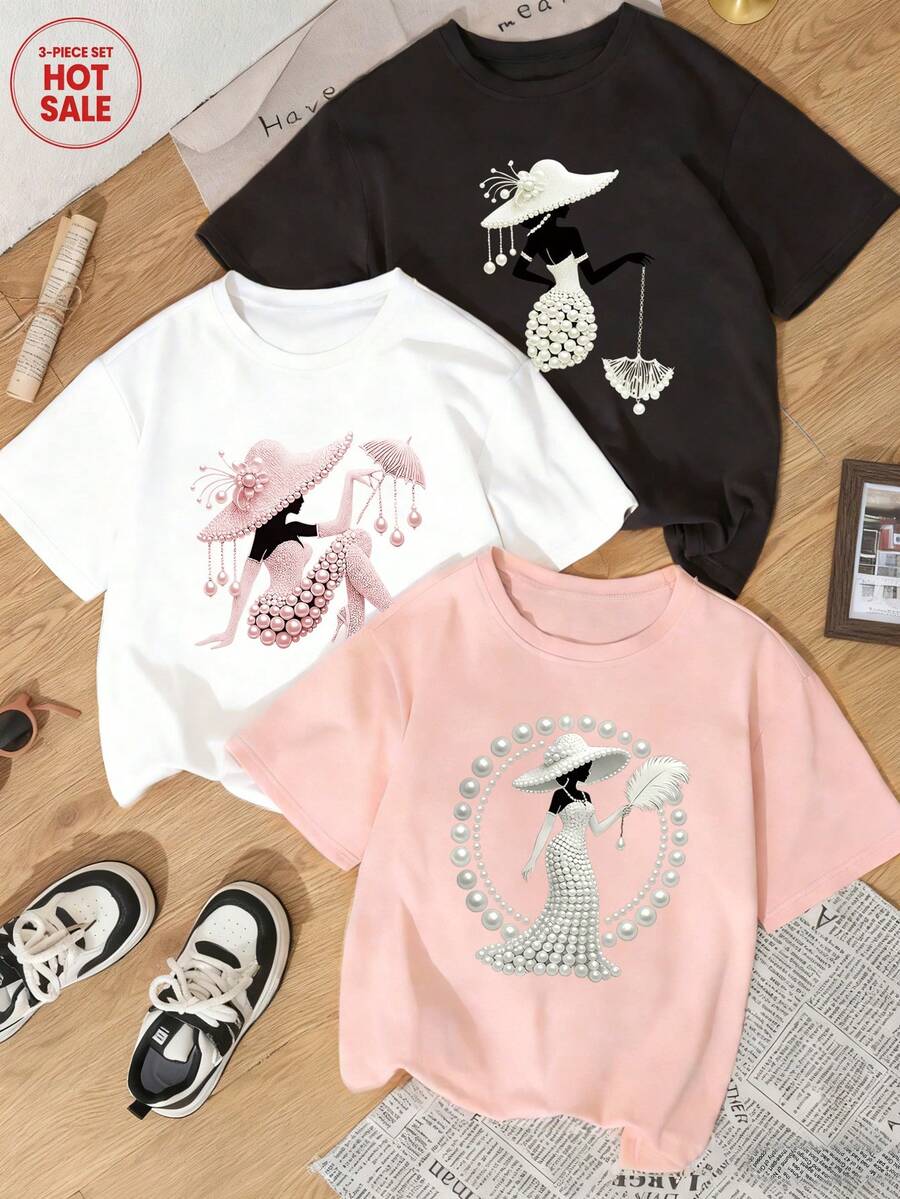 3件套夏季新款时尚珍珠印花休闲圆领短袖T恤，百搭时尚女式上衣 - 黑色和白色和粉紅色 - 查看 1