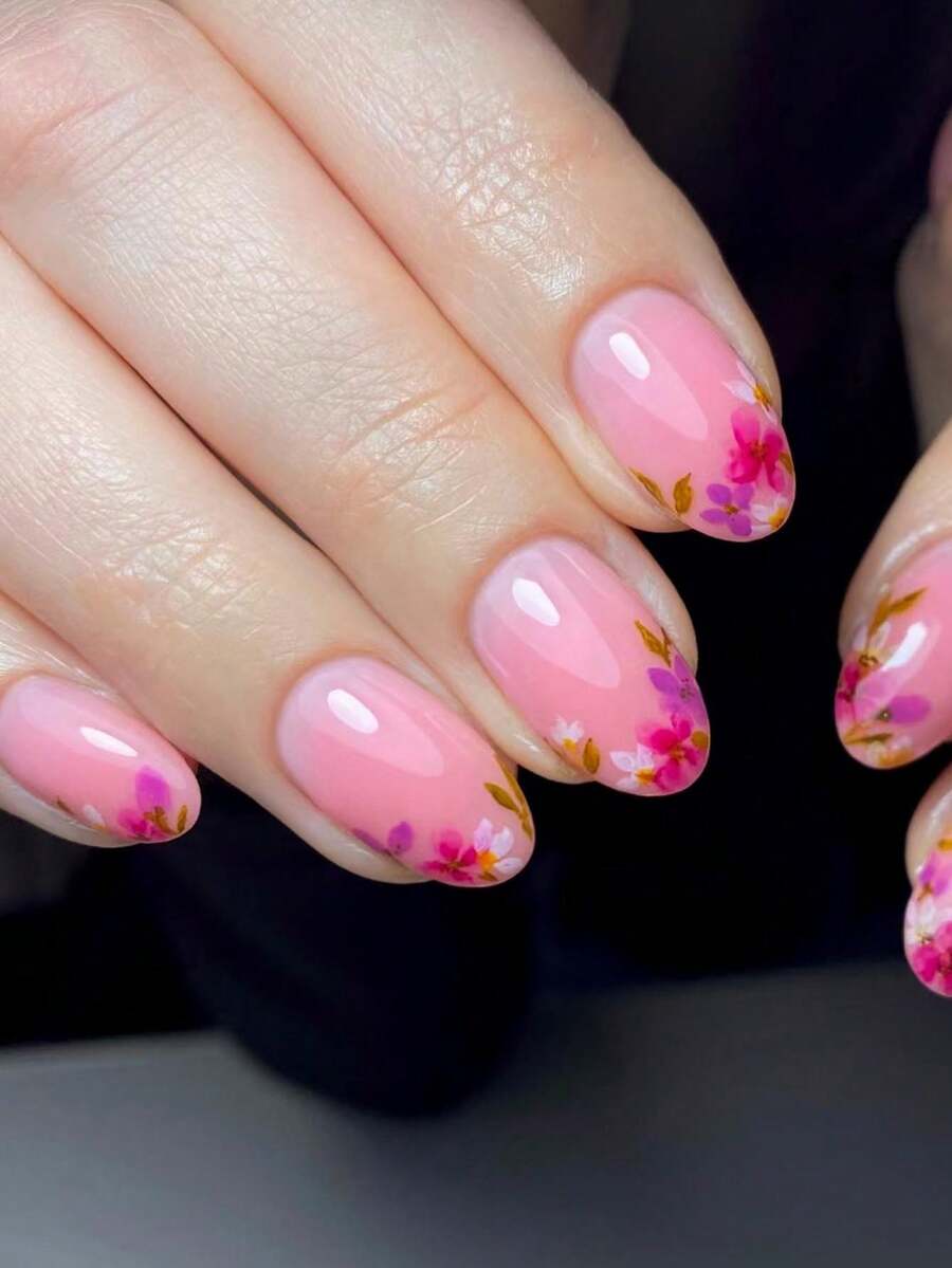 Instantly Upgrade Your Look With,24pcs Short Oval,Pink Gradient Colorful Flowers Simple Press On Nails Short Perfect FitFalse Nail Set,Contains 1pc Nail File1 Pcs Jelly Glue,ForWomen & Girl - Multicolor - View 1