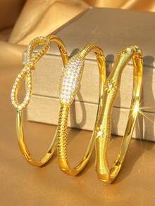 3pcs Gold-Plated Bangle Set | Bow & CZ Textured Bracelets | Bohemian Luxury Jewelry For Women - Multicolor - View 6