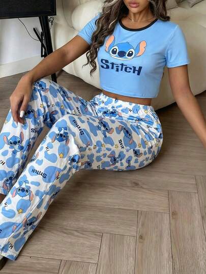 Disney 2 piezas Conjunto de top de manga corta y pantalones con estampado de Stitch, estampado de Stitch por todo el conjunto, ropa casual cómoda y elástica, adecuada para primavera, verano y otoño