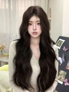 28-Inch Long Synthetic Wig Featuring A Natural Wavy Style In A Stunning Black. Designed With Bangs , It Is Crafted From Heat-Resistant Fiber To Ensure Durability. This False Hairpiece Is Perfect For Daily Use, Offering A Natural And Realistic Appearance That Mimics Real Human Hair - Black - View 2