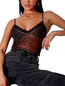 Women's Floral Print Mesh Cami Top,Lace Patchwork Sleeveless V Neck Spaghetti Straps Crop Tank Top Party Clubwear Going Out Outfits - 豹紋 - 查看 4