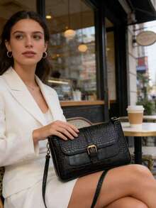 时尚纯色简约腰带装饰单肩斜挎包，适合购物、携带钱包、年轻女性、大学生、职场新人、白领人士。也非常适合办公室、大学、工作、商务、通勤、户外活动、旅行和郊游等场合。 - 黑色 - 查看 4