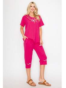 Women Short Sleeves Embroidered Cotton Blend Lounge Wear  Sets - 紫紅色 - 查看 4