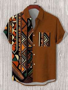 男士印花衬衫，棕色亚麻质感度假衬衫，几何拼接美学上衣，轻盈精致的夏季服装 - 彩色 - 查看 5