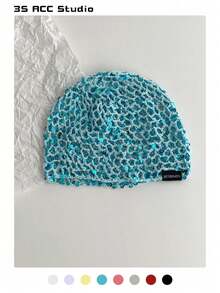 Handmade Sequin Hollow-Out Mesh Cap, Fashionable Retro Versatile Beanie Hat, Minimalist Knitted Headwrap, Shiny Knitted Beanie, Fishnet Cap, Lightweight Breathable Knitted Beanie For Spring & Summer - Multicolor - View 14