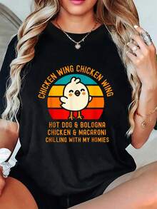 Camiseta divertida de verano para niño con alitas de pollo, perrito caliente y mortadela, manga corta y cuello redondo, para verano y primavera, para mujer. - Negro - Ver 6
