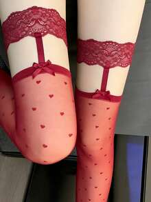 1双女士吊袜带过膝长袜 夏季薄款 爱心蕾丝蝴蝶结 情人节专属 性感优雅 高弹透气 约会通勤 百搭必备 - 彩色 - 查看 7