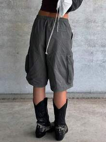 Cargo Shorts For Women Elastic Waist Knee Length  Shorts Summer Outdoor Waterproof Hiking Pants With Pockets - 灰色 - 查看 5