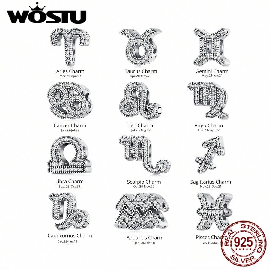 1pc 925 Sterling Silver Vintage 12 Zodiac Bead, Genuine Aries & Libra Pendant, DIY Bracelet Necklace, Birthday Gift For Her